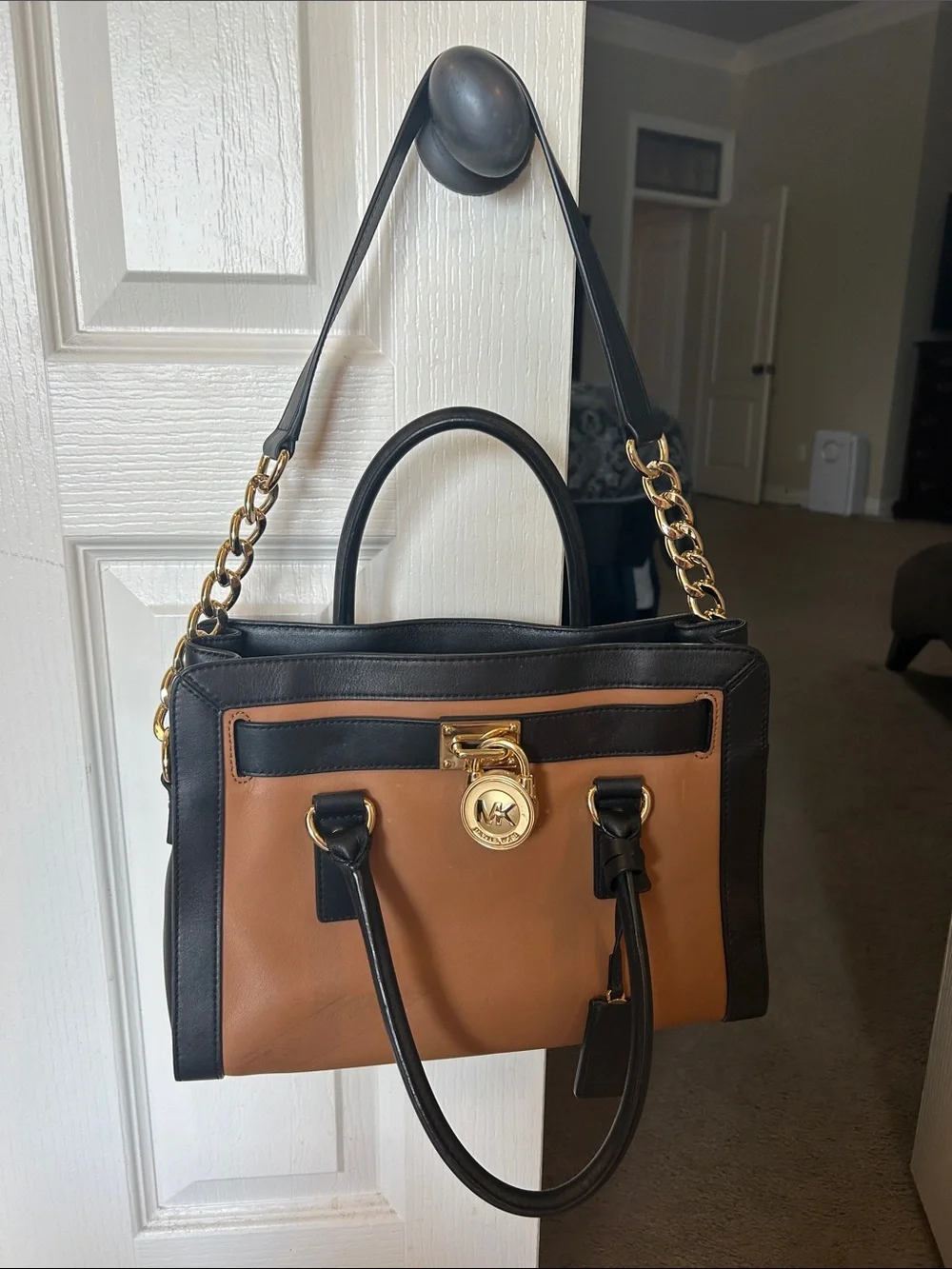 Michael Kors Black and Brown Leather Chain-Accent Satchel